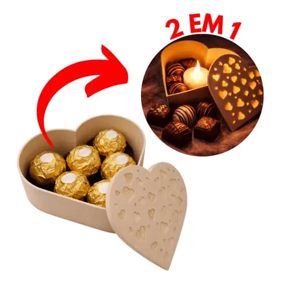 Caixa Coração Porta Chocolate 2 em 1 com Luz LED – Porta Velas Decorativo e Presente Romântico