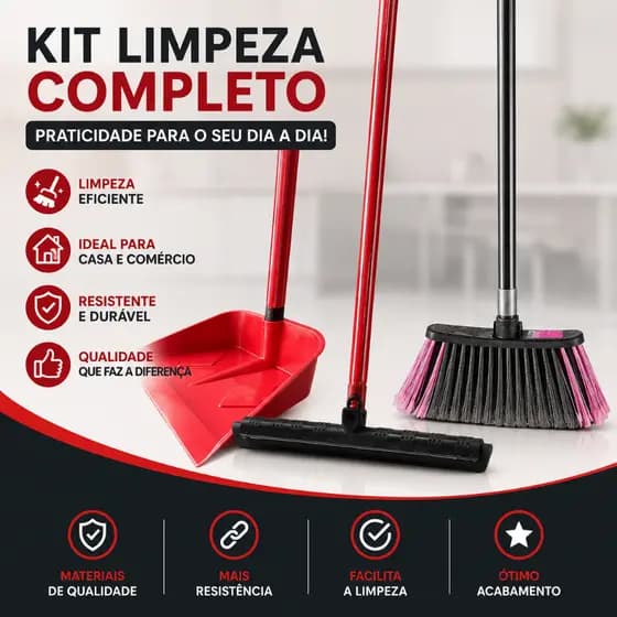 Kit Limpeza Vassoura, Rodo Duplo de 40cm e Pá de Lixo S/ Cabo