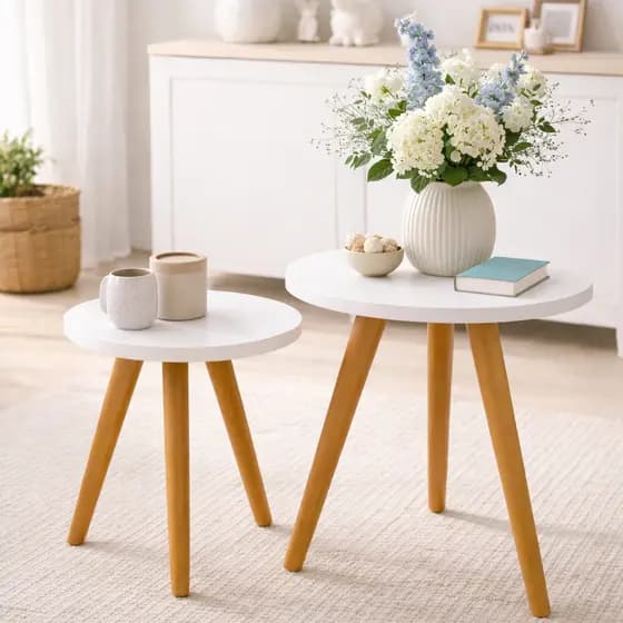 Conjunto de Mesinhas Canto E Apoio Pe Palito Madeira Tripe Porta Quadros E Objetos MDF Branco