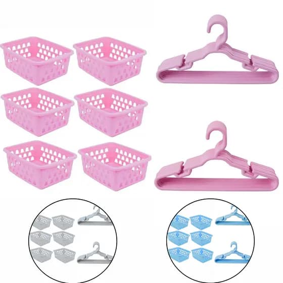 Kit organizador 10 cabides infantil e 6 cestos organizador branco rosa azul