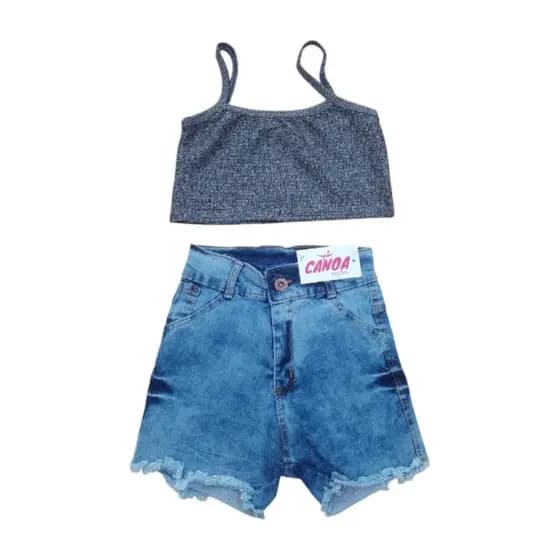 Conjunto Feminino Short Jeans + Top Cropped Malha Canelada Look Blogueira Verão Estilo Casual