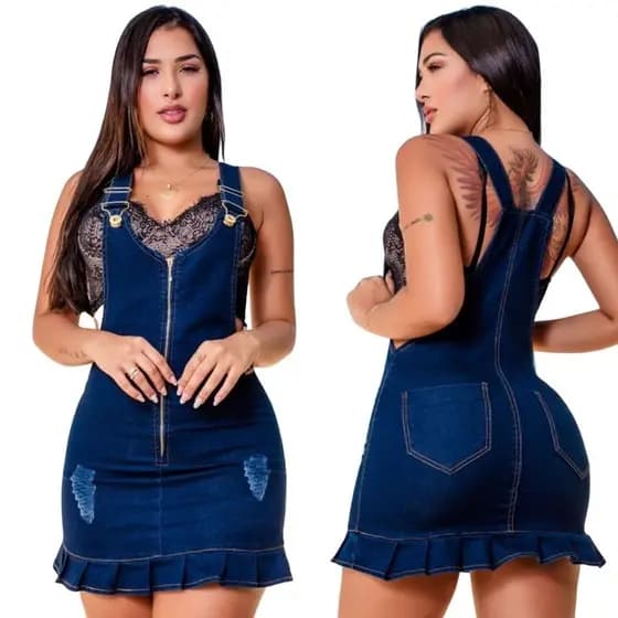 Jardineira Jeans Feminina Saia Com Detalhe De Babado Valoriza a Silhueta Modelagem Diferenciada