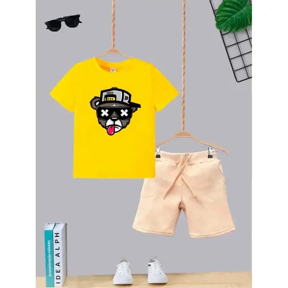 Camiseta + Short Conjunto Infantil Urso De Oculos Moda Teen Conjunto De Bermuda Juvenil Conjunto De Bermuda Juvenil