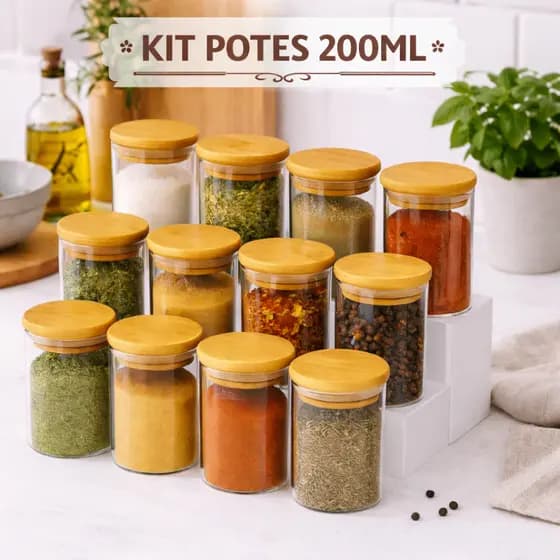 Kit Ate 10 Pote de Vidro com Tampa Bambu 250 ML Potes Herméticos Porta Mantimento Hermético à Prova Odores