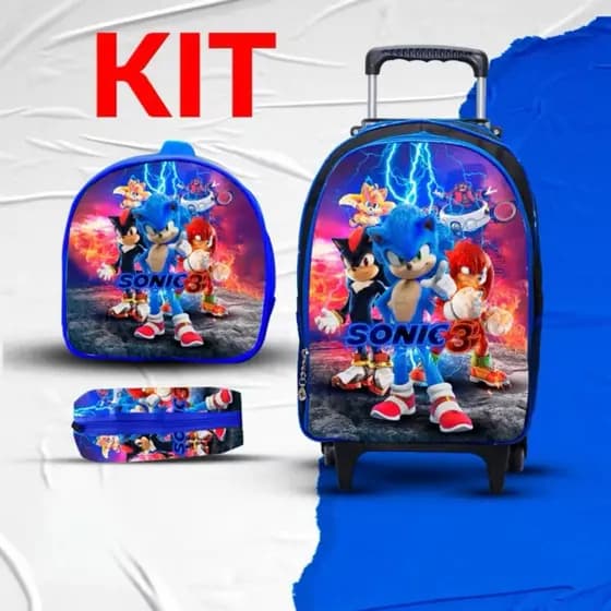 Kit 3 peças Mochila de Rodinhas + Lancheira + Estojo Infantil | Sonic 3, personagens menina menino