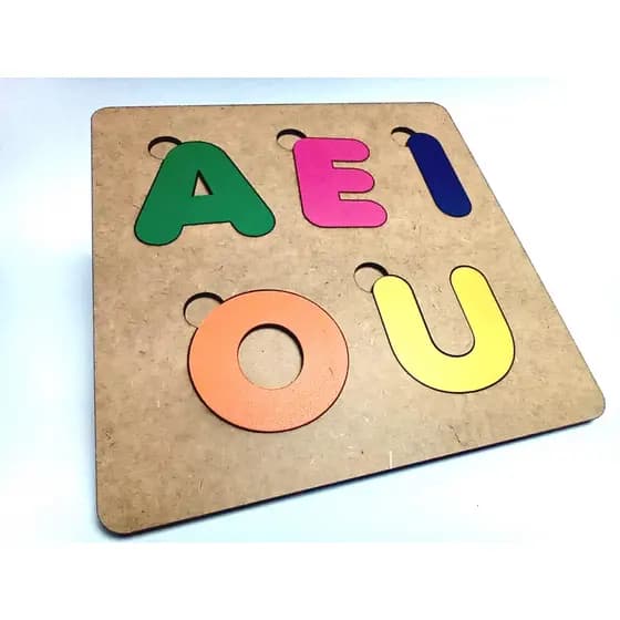 Vogais Em Madeira Aeiou Letras Coloridas Encaixe 19 X 19cm - Mega impress