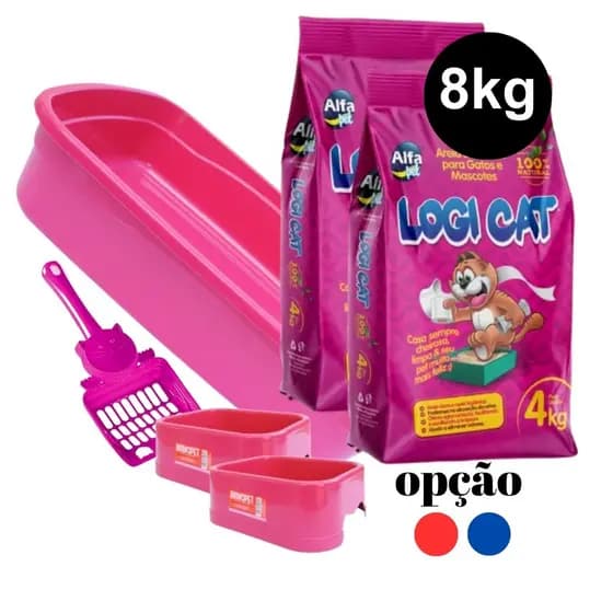 Kit Caixa Bandeja e 8kg Areia de Gato com Comedouro, Bebedouro e Pá Higiênica Bandeja