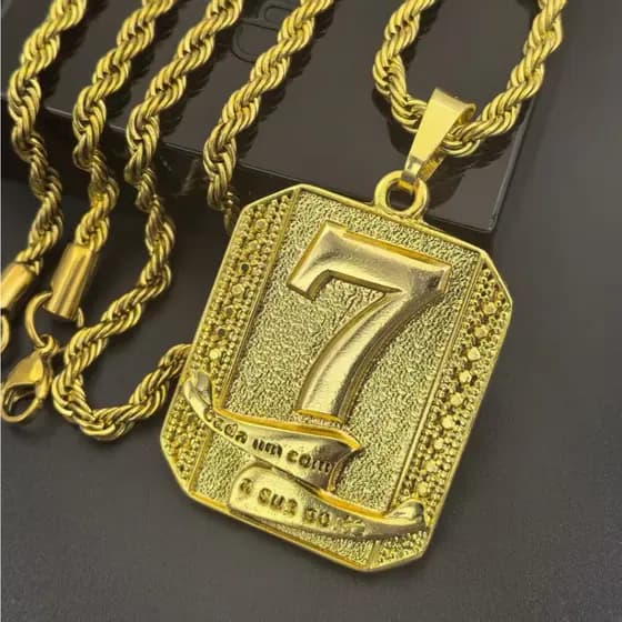 Colar - Masculino com Cordão de Moeda Antiga e Pingente de Cadeado Cassino Número 7 - Banhado a Ouro