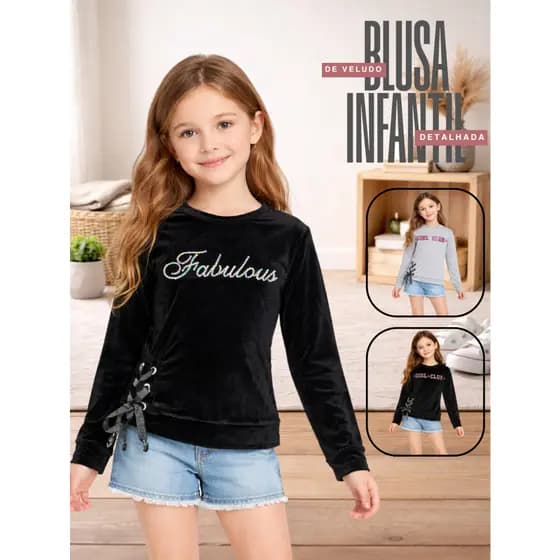 Blusa Infantil De Moletom Aveludada Menina De Veludo Detalhada Brilhosa