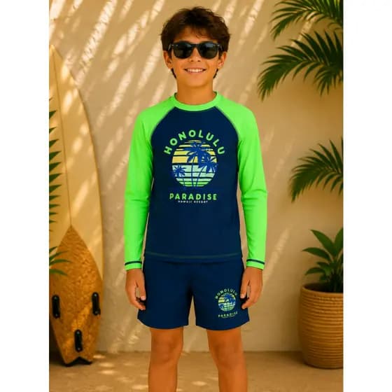 Kit Praia Infantil UV 50 Camiseta Proteção Solar Manga Longa e Sunga Confortável Verão UV+