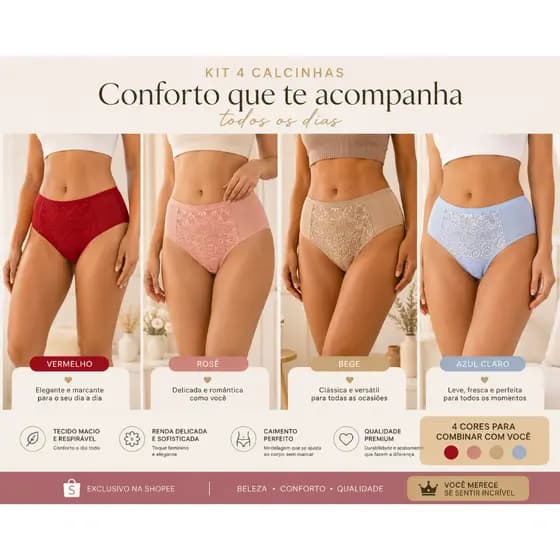 Kit 4 Calcinhas Tangas Femininas em Renda Premium Confortável e Elegante