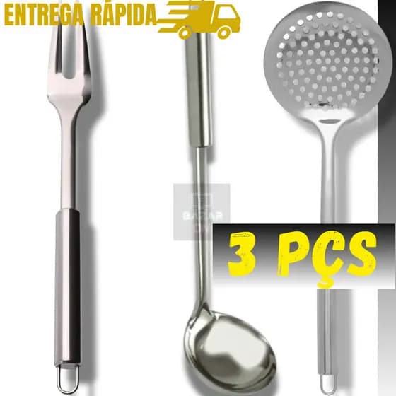 Kit 3 Peças Escumadeira Arroz Concha Feijão Garfo Trinchante Grande Aço Inox Utensílios de Cozinha