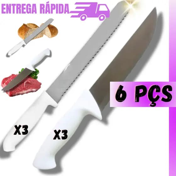 Kit 6 Peças Faca Peixeira Churrasco Grande Afiada + Faca Para Pão Cabo Branco De Serra Aço Inox