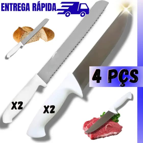 Kit 4 Peças Faca Peixeira Carne Churrasco Grande + Faca Para Pão Cabo Branco Serra Afiado Aço Inox
