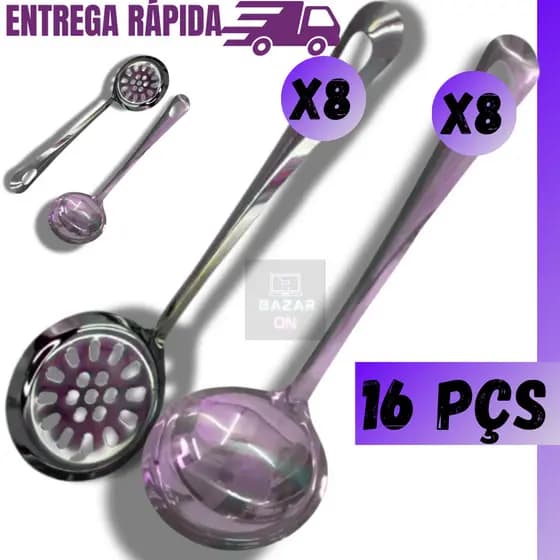 Kit 16 Peças Concha Feijão + Escumadeira de Arroz Fritura Jogo Aço Inox Utensílios Cozinha Completo