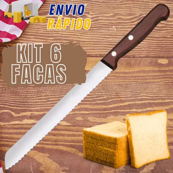 Kit Com 6 Facas Para Pão Cabo De Madeira Marrom Serra Serrilhada Grande 8 Profissional Talheres