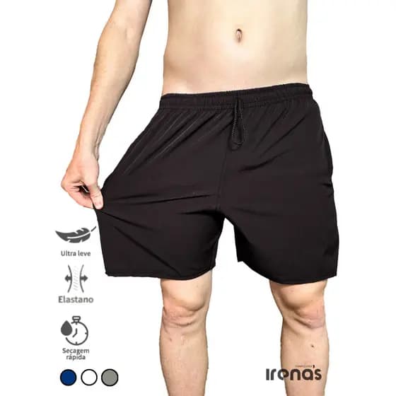 Bermuda masculina tactel elastano Short elástico esportiva corrida academia banho praia treino 3 bolsos preto