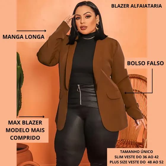 Max Blazer Plus Size e Slim Feminino Acinturado Roupas Femininas Tendência Outono Inverno Elegante Trabalho Festa