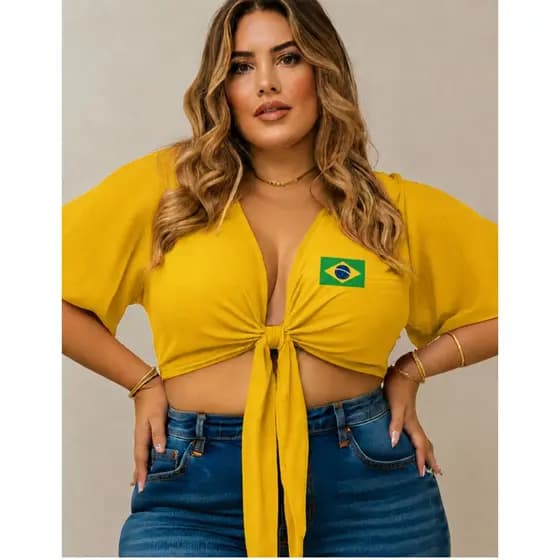 Blusa Cropped Brasil Plus Size Copa do Mundo Verde Amarelo e Azul Torcedora Estilosa e Sensual