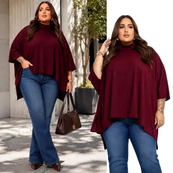 Capa Poncho Casual Lazinha Feminino Sobretudo Amplo Manga Longa Quentinho Outono Inverno Elegante Confortável