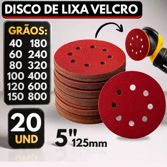 Kit 20 Disco Lixa com Velcro Circular 125mm 8 Furos para Ferro Metal Madeira Lixadeira Politriz Rokit Roto Orbital