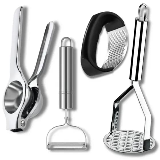 Kit Cozinha Descascador de Legumes Amassador de Batatas Espremedor de Limão e Alho em Aço Inox