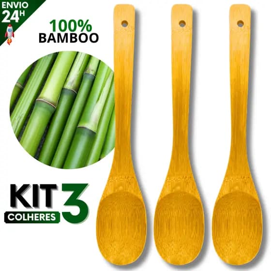 Kit 3 Colher de Bambu para Cozinhar 30 cm Madeira Bamboo Média Cozinha Gourmet