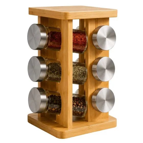 Porta Temperos De Bambu Giratório 12 Potes Vidro Com Tampa Dosadora Condimentos
