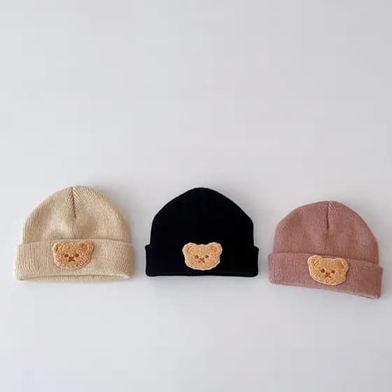 Chapéu De Lã De Bebê De Malha Sólida Cartoon Bear Macio E Elástico Para Meninos Meninas