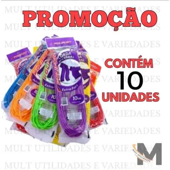 kit 10 varal corda de nylon c/ 10m Resistente 5mm cor surtida
