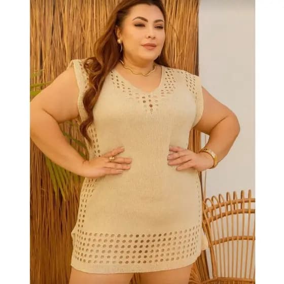 Saída De Praia Moda Praia Tricot Saída De Banho Grande com Fenda Lateral Plus Size Tricô 46 ao 52