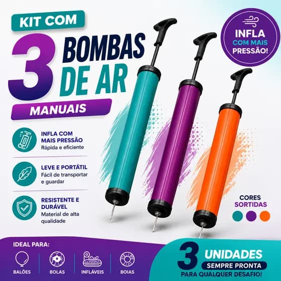 Kit 2/3 Peças Bomba de Ar Manual Vertical 23cm ou Kit 5 Bicos Adaptadores Bicicleta Bola Piscina Boia