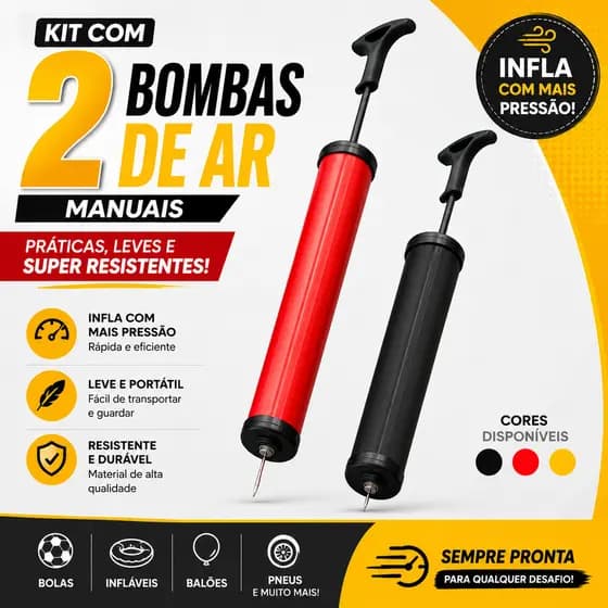 Bomba de Ar Manual Vertical 23cm Kit 2/1 Unidades ou Kit 5 Bicos Adaptadores Universal Para Infláveis