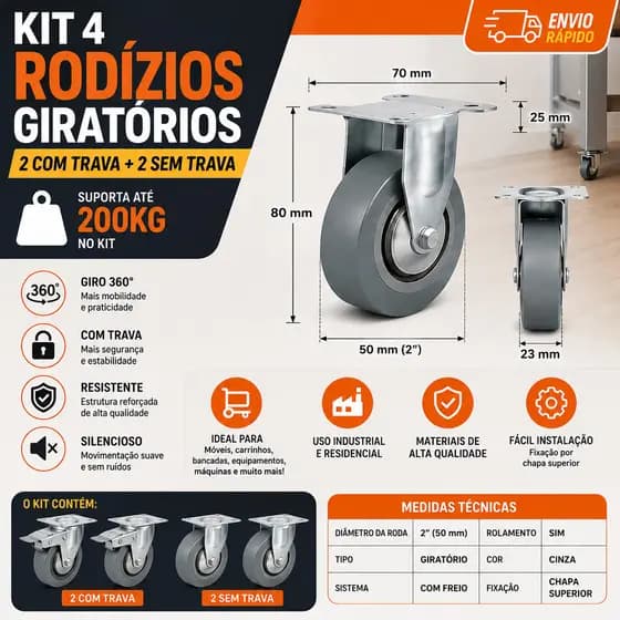Kit 4 Rodízios Giratórios 2 Pol 200Kg 2 Com Trava 2 Sem Trava Para Móveis Bancadas Carrinhos Indústria Oficina
