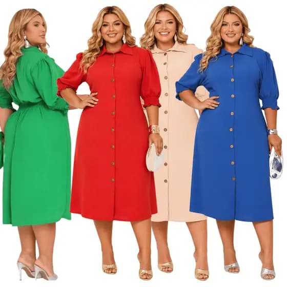 KIT 4 Vestidos Chemise Feminino Plus Size Midi Botões Frontais Manga Bufante Luxo e Elegancia