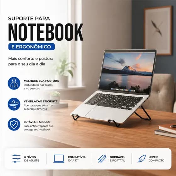 Suporte para Notebook Ergônomico Dobrável Ajustável - 14" à 17" Escritório | Estudo