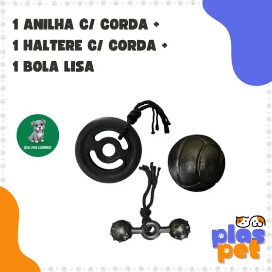 Kit de Brinquedos p/ Cães Fortes – Anilha Big c/ Corda + Bola 8,5 cm + Halter c/ Corda