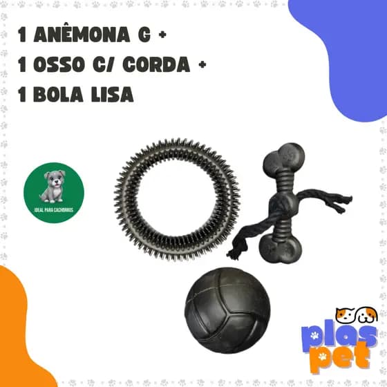 Kit de Brinquedos p/ Cães - Anêmona G + Bola Lisa 7,5cm + Osso Chiclete com Corda