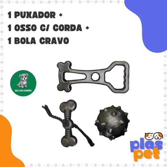 Kit de Brinquedos p/ Cães Puxa Puxa – Puxador + Bola Cravo 8,5 cm + Osso com Corda