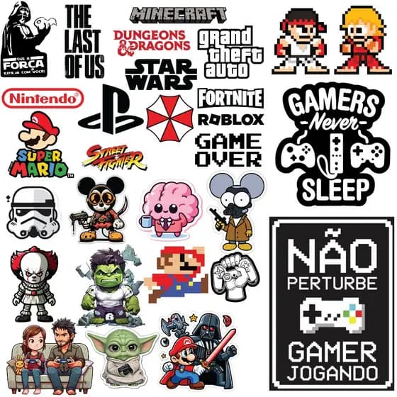 Cartela Adesivo Gamer, Video Game e Nerd 28 adesivos