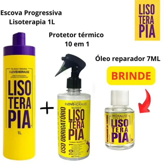 ESCOVA PROGRESSIVA LISOTERAPIA KIT 1 LITRO E PROTETOR TÉRMICO 10 EM 1 500ML GANHE DE BRINDE OLEO REPARADOR 7 ML