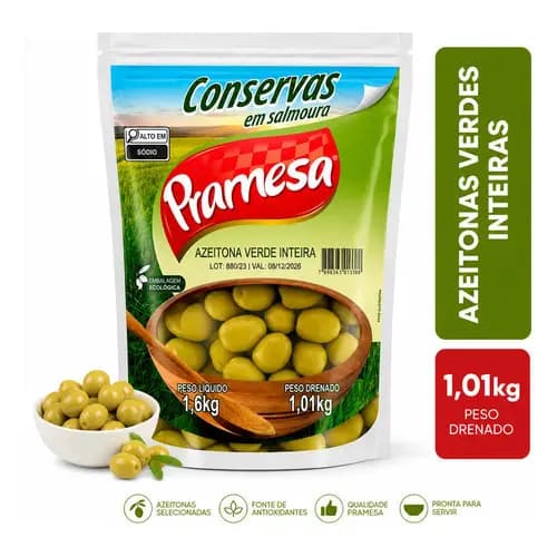 Azeitonas Verdes Inteiras Sachet 1,01kg Drenado Pramesa