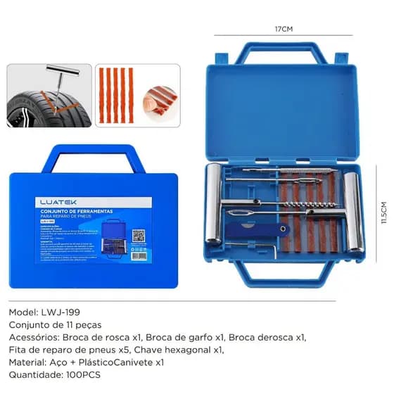 Kit Reparo Pneus Metal Macarrão Carro Moto Maleta Profissional C/12 Peças Conserto Remendo Frio