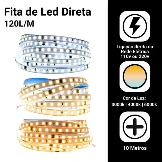 Fita Led 110v/220v Direta 120leds/m Rolo 10m Não Usa Fonte