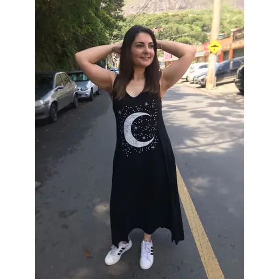 Vestido Longo com Fenda Lateral com Estampa de Lua e Bolso Vestidos Feminino de Malha Viscolycra Roupas Femininas