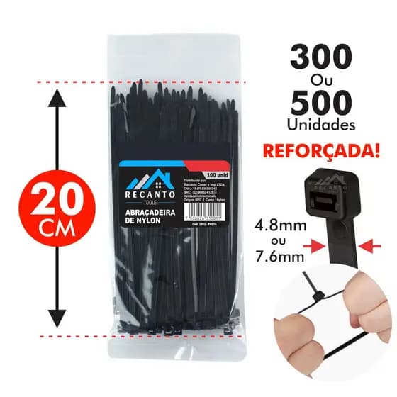 Kit Abraçadeira de Nylon Reforçada 20cm Enforca Gato Braçadeira Cintas Plásticas - Preta | Branca
