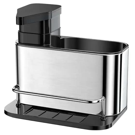 Dispenser Detergente Inox 3 em 1 Porta Esponja Organizador de Pia Powermaid Com Drenagem Cozinha Luxo Prata