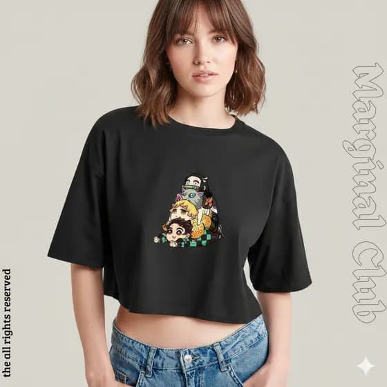 Cropped Feminino Demon Slayer Pilha de Amigos - 100% Algodão Estampado Anime