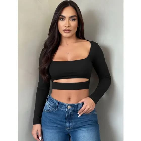 Cropped Manga Longa com Recorte Frontal Feminino Elegante
