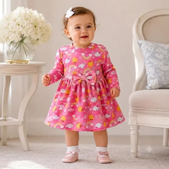 Vestido Infantil Rosa e Vermelho Estampado Manga Longa Para Meninas 1-2 Anos